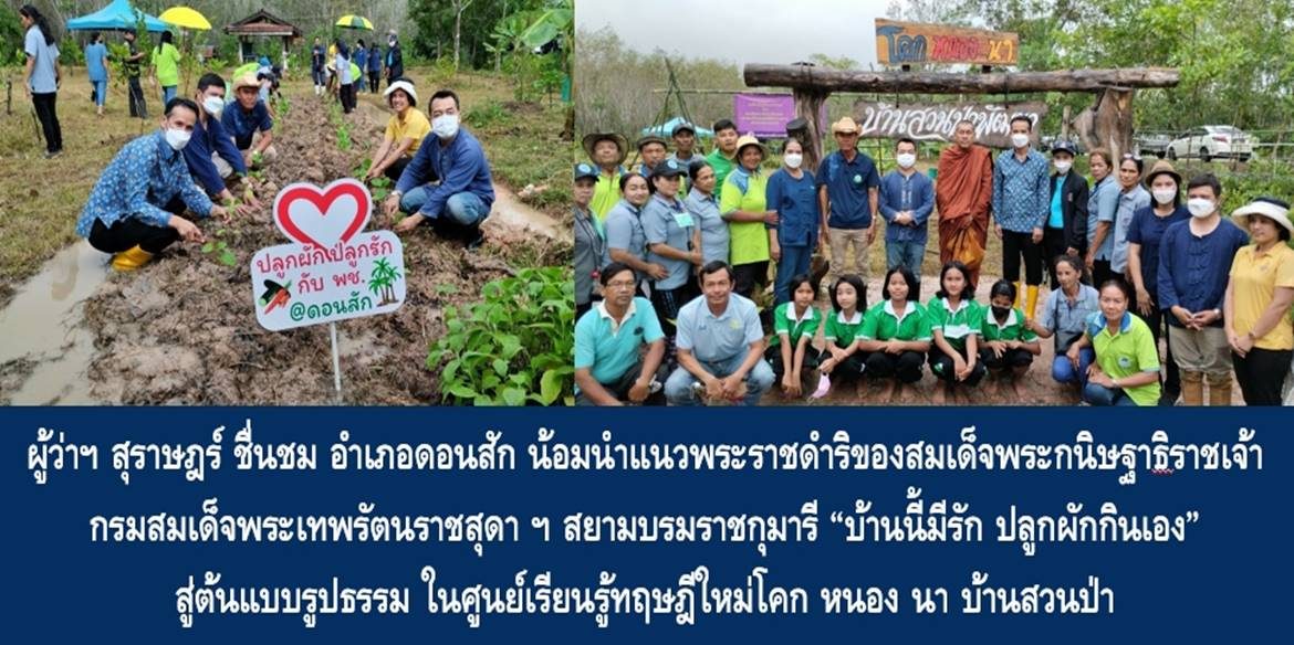 ผู้ว่าฯ สุราษฎร์ ชื่นชม อำเภอดอนสัก น้อมนำแนวพระราชดำริของสมเด็จพระกนิษฐาธิราชเจ้า กรมสมเด็จพระเทพรัตนราชสุดา ฯ สยามบรมราชกุมารี “บ้านนี้มีรัก ปลูกผักกินเอง” สู่ต้นแบบรูปธรรม ในศูนย์เรียนรู้ทฤษฎีใหม่โคก หนอง นา บ้านสวนป่า