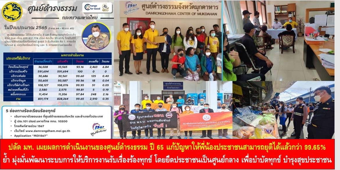 ปลัด มท. เผยผลการดำเนินงานของศูนย์ดำรงธรรม ปี 65 แก้ปัญหาให้พี่น้องประชาชนสามารถยุติได้แล้วกว่า 99.65% ย้ำ มุ่งมั่นพัฒนาระบบการให้บริการงานรับเรื่องร้องทุกข์ โดยยึดประชาชนเป็นศูนย์กลาง เพื่อบำบัดทุกข์ บำรุงสุขประชาชน