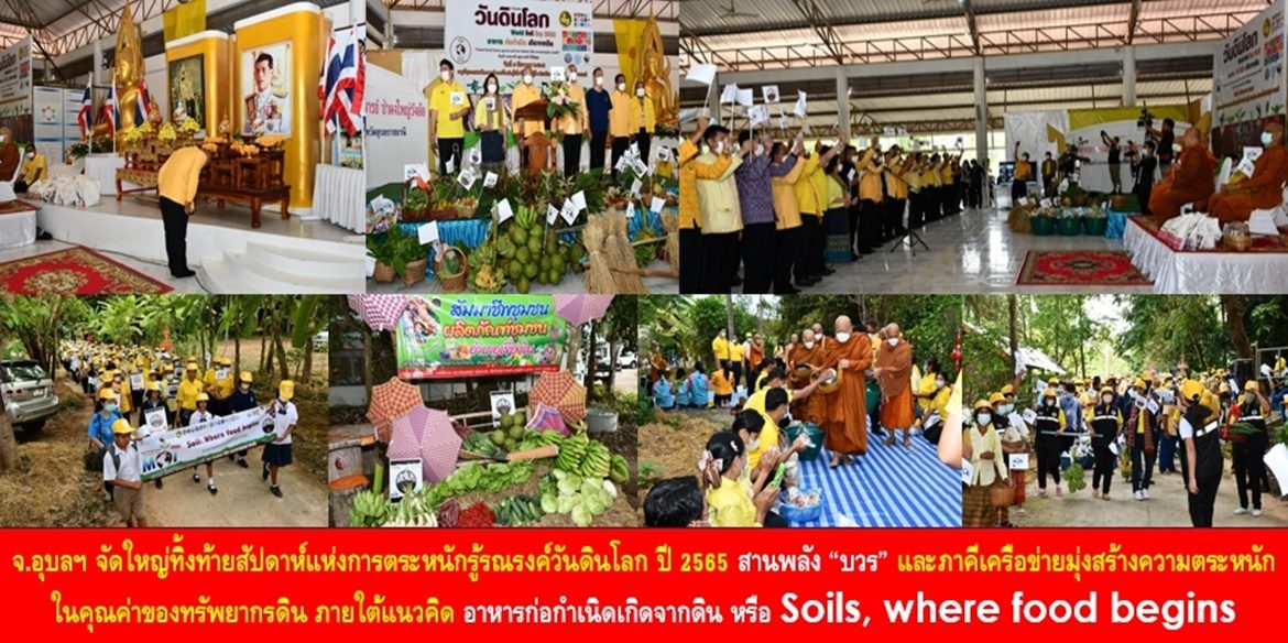 จ.อุบลฯ จัดใหญ่ทิ้งท้ายสัปดาห์แห่งการตระหนักรู้รณรงค์วันดินโลก ปี 2565 สานพลัง “บวร”และภาคีเครือข่ายมุ่งสร้างความตระหนักในคุณค่าของทรัพยากรดิน ภายใต้แนวคิด อาหารก่อกำเนิดเกิดจากดิน หรือ Soils, where food begins เพื่อมุ่งคืนดินดีให้ผืนแผ่นดิน สร้างความสมดุลทางธรรมชาติ และระบบนิเวศที่สมดุล ทำให้แผ่นดินไทยเป็นแผ่นดินทอง