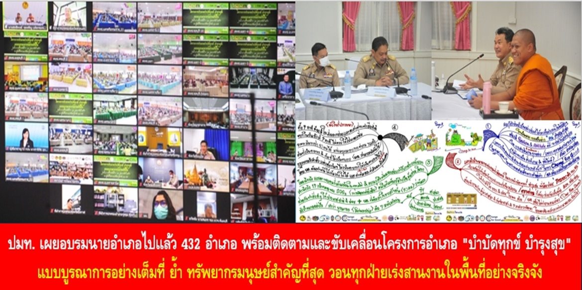 ปมท. เผยอบรมนายอำเภอไปแล้ว 432 อำเภอ พร้อมติดตามและขับเคลื่อนโครงการอำเภอ “บำบัดทุกข์ บำรุงสุข” แบบบูรณาการอย่างเต็มที่ ย้ำ ทรัพยากรมนุษย์สำคัญที่สุด วอนทุกฝ่ายเร่งสานงานในพื้นที่อย่างจริงจัง เพราะความทุกข์ของพี่น้องประชาชนรอไม่ได้