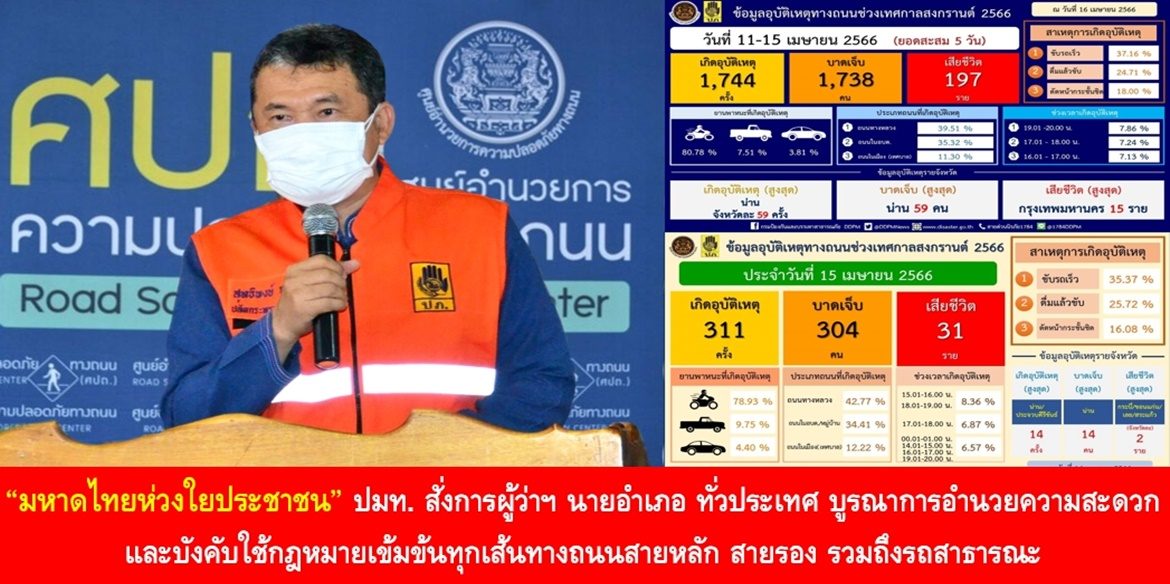 “มหาดไทยห่วงใยประชาชน” ปลัด มท. สั่งการผู้ว่าฯ นายอำเภอ ทั่วประเทศ บูรณาการอำนวยความสะดวกและบังคับใช้กฎหมายเข้มข้นทุกเส้นทางถนนสายหลัก สายรอง รวมถึงรถสาธารณะ เพื่อความปลอดภัยของพี่น้องประชาชนที่เดินทางกลับจากเทศกาลสงกรานต์ พร้อมเน้นย้ำสายด่วนนิรภัย 1784 รับแจ้งเหตุตลอด 24 ชั่วโมง