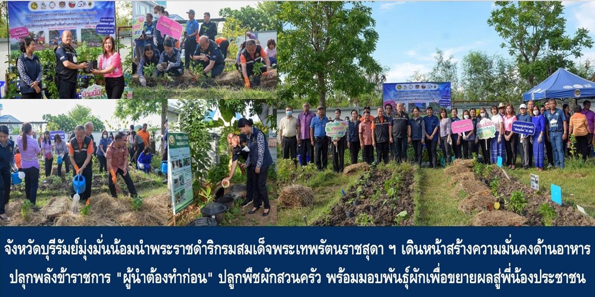 จังหวัดบุรีรัมย์มุ่งมั่นน้อมนำพระราชดำริกรมสมเด็จพระเทพรัตนราชสุดา ฯ เดินหน้าสร้างความมั่นคงด้านอาหาร ปลุกพลังข้าราชการ “ผู้นำต้องทำก่อน” ปลูกพืชผักสวนครัว พร้อมมอบพันธุ์ผักเพื่อขยายผลสู่พี่น้องประชาชนได้มีคุณภาพชีวิตที่ดีอย่างยั่งยืน