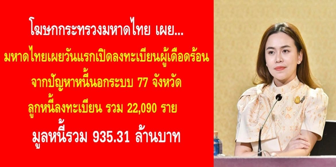 มหาดไทยเผยวันแรกเปิดลงทะเบียนผู้เดือดร้อนจากปัญหาหนี้นอกระบบ 77 จังหวัดลูกหนี้ลงทะเบียน รวม 22,090 ราย  มูลหนี้รวม 935.31 ล้านบาท