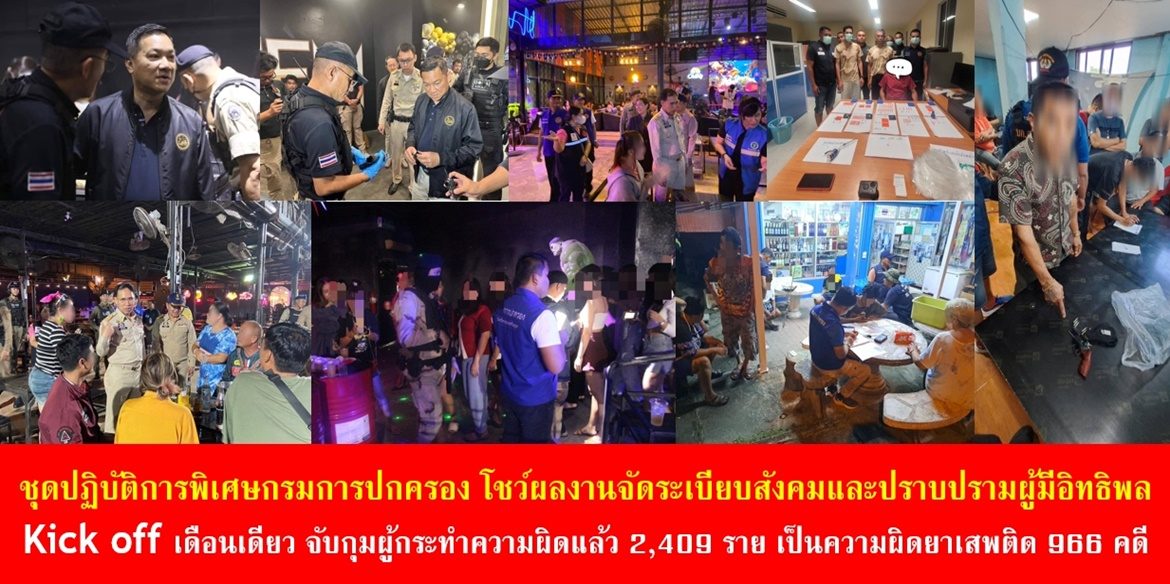ชุดปฏิบัติการพิเศษกรมการปกครอง โชว์ผลงานจัดระเบียบสังคมและปราบปรามผู้มีอิทธิพล Kick off เดือนเดียว จับกุมผู้กระทำความผิด ไปแล้ว 2,409 ราย เป็นความผิดประเภทยาเสพติด สูงสุด 966 คดี 