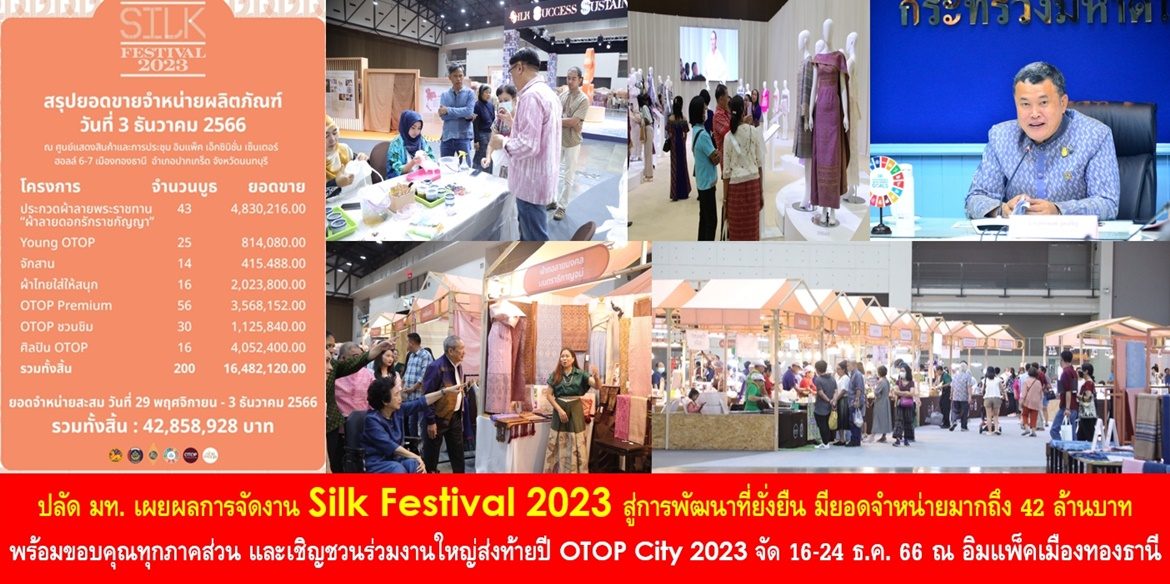 ปลัด มท. เผยผลการจัดงาน Silk Festival 2023 สู่การพัฒนาที่ยั่งยืนตลอด 5 วัน มียอดจำหน่ายมากถึง 42 ล้านบาท พร้อมขอบคุณทุกภาคส่วนร่วมเดินทางมาชื่นชมสุดยอดผลงานผ้าและงานหัตถกรรมตามพระดำริ Sustainable Fashion ของสมเด็จพระเจ้าลูกเธอ เจ้าฟ้าสิริวัณณวรี นารีรัตนราชกัญญา และเชิญชวนพี่น้องประชาชนเตรียมร่วมงานใหญ่ส่งท้ายปี OTOP City 2023 วันที่ 16 – 24 ธ.ค. 66 ณ อิมแพ็ค เมืองทองธานี
