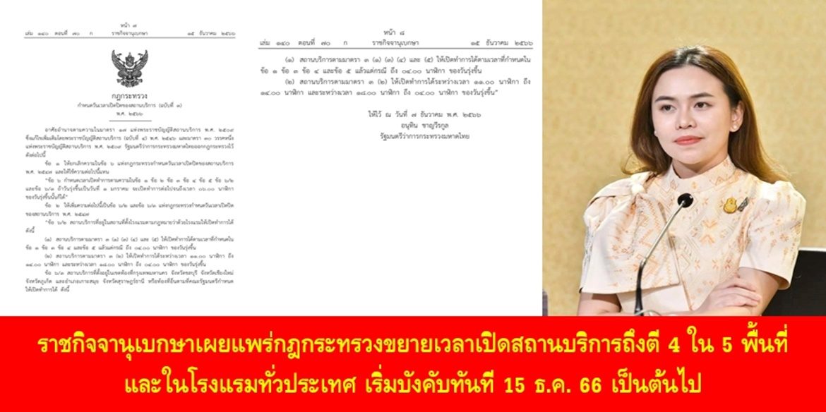 ราชกิจจานุเบกษาเผยแพร่กฎกระทรวงขยายเวลาเปิดสถานบริการถึงตี 4 ใน 5 พื้นที่ และในโรงแรมทั่วประเทศ เริ่มบังคับทันที 15 ธ.ค. 66 เป็นต้นไป