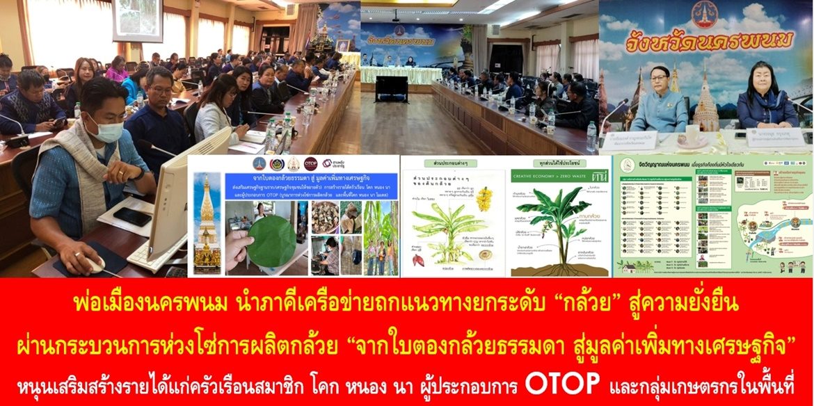 “ยกระดับ “กล้วย” ยกระดับชีวิตความเป็นอยู่ของประชาชน”  พ่อเมืองนครพนม นำภาคีเครือข่ายถกแนวทางยกระดับ “กล้วย” สู่ความยั่งยืน ผ่านกระบวนการห่วงโซ่การผลิตกล้วย “จากใบตองกล้วยธรรมดา สู่มูลค่าเพิ่มทางเศรษฐกิจ” หนุนเสริมการสร้างรายได้ให้แก่ครัวเรือนสมาชิก โคก หนอง นา ผู้ประกอบการ OTOP และกลุ่มเกษตรกรในพื้นที่ เสริมสร้างความเข้มแข็งของเศรษฐกิจฐานราก ส่งผลให้พี่น้องประชาชนมีคุณภาพชีวิตที่ดีอย่างยั่งยืน