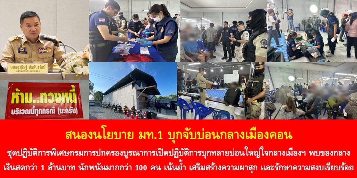 สนองนโยบาย มท.1 บุกจับบ่อนกลางเมืองคอน  ชุดปฏิบัติการพิเศษกรมการปกครองบูรณาการเปิดปฏิบัติการบุกทลายบ่อนใหญ่ใจกลางเมืองนครศรีธรรมราช พบของกลางเงินสดกว่า 1,000,000 บาท นักพนันมากกว่า 100 คน เน้นย้ำ เสริมสร้างความผาสุก และรักษาความสงบเรียบร้อยของบ้านเมือง