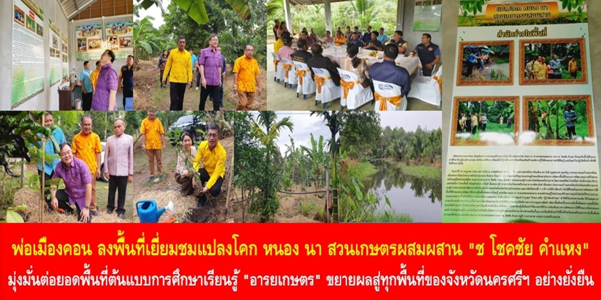 พ่อเมืองคอน ลงพื้นที่เยี่ยมชมแปลงโคก หนอง นา สวนเกษตรผสมผสาน “ช โชคชัย คำแหง” มุ่งมั่นต่อยอดพื้นที่ต้นแบบการศึกษาเรียนรู้ “อารยเกษตร” น้อมนำหลักปรัชญาของเศรษฐกิจพอเพียง สู่การสร้างความมั่นคงทางอาหาร การพึ่งพาตนเอง ขยายผลสู่ทุกพื้นที่ของจังหวัดนครศรีฯ อย่างยั่งยืน