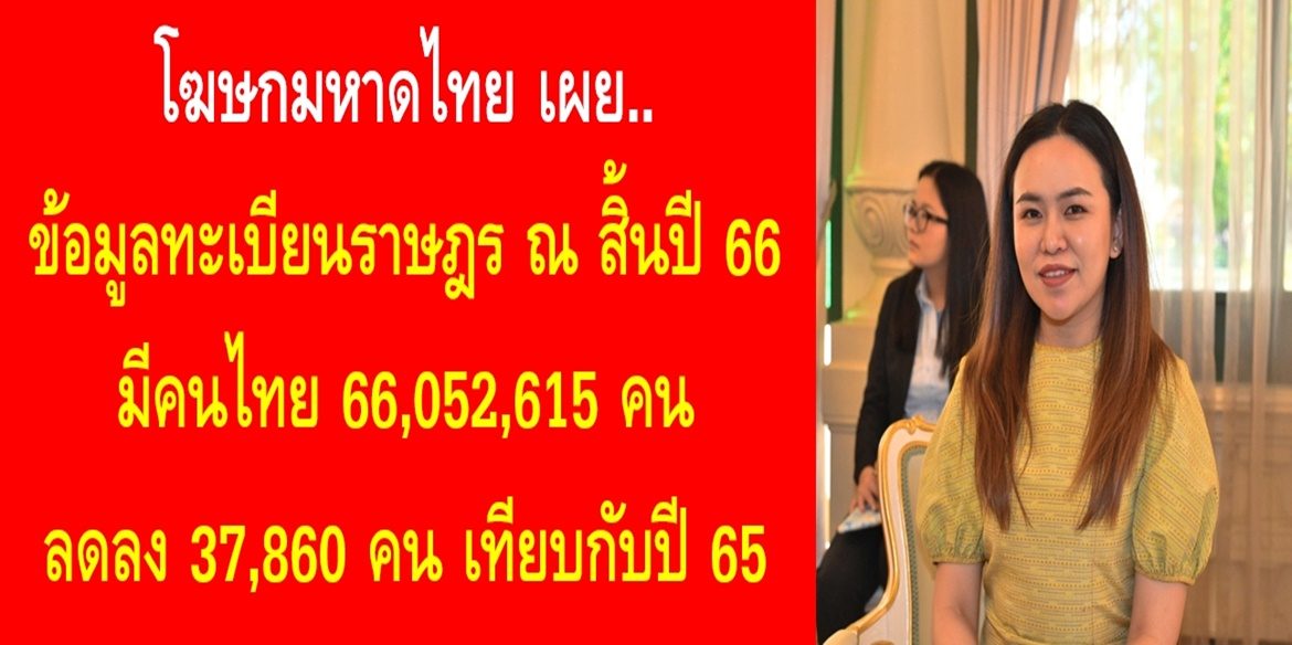 มหาดไทยเผยข้อมูลทะเบียนราษฎร ณ สิ้นปี 66 มีคนไทย 66,052,615 คน ลดลง 37,860 คน เทียบกับปี 65