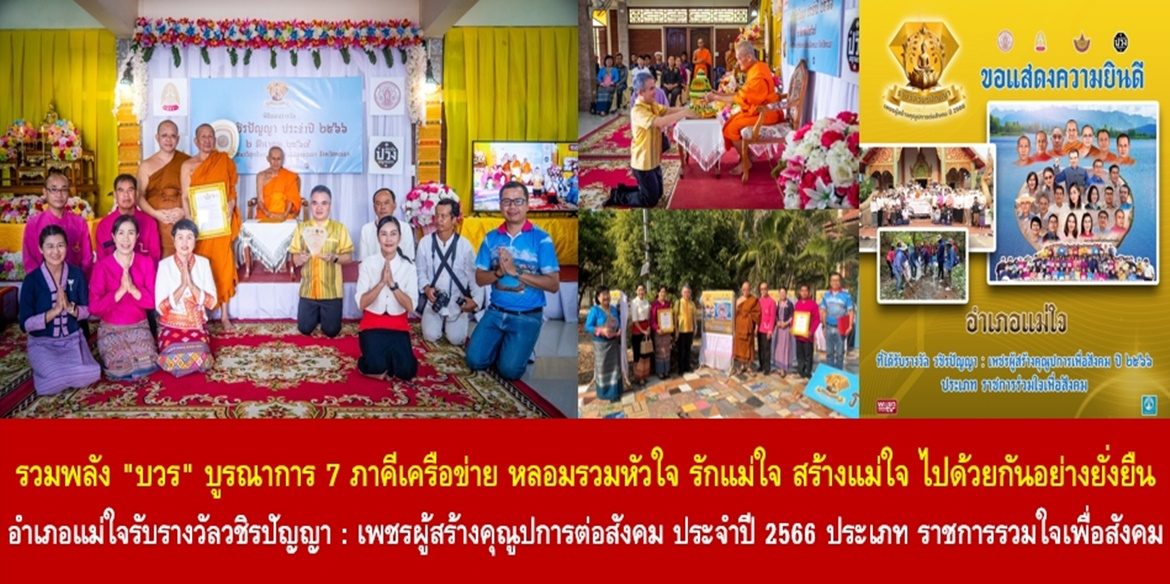 รวมพลัง “บวร” บูรณาการ 7 ภาคีเครือข่าย หลอมรวมหัวใจ รักแม่ใจ สร้างแม่ใจ ไปด้วยกันอย่างยั่งยืน อำเภอแม่ใจรับรางวัลวชิรปัญญา : เพชรผู้สร้างคุณูปการต่อสังคม ประจำปี 2566 ประเภท ราชการรวมใจเพื่อสังคม นายอำเภอเผย เป็นรางวัลแห่งความภาคภูมิใจของชาวแม่ใจทุกคน