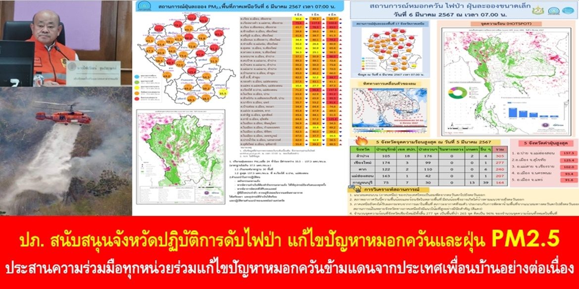 ปภ. สนับสนุนจังหวัดปฏิบัติการดับไฟป่า แก้ไขปัญหาหมอกควันและฝุ่น PM2.5 และประสานความร่วมมือทุกหน่วยร่วมแก้ไขปัญหาหมอกควันข้ามแดนจากประเทศเพื่อนบ้านอย่างต่อเนื่อง