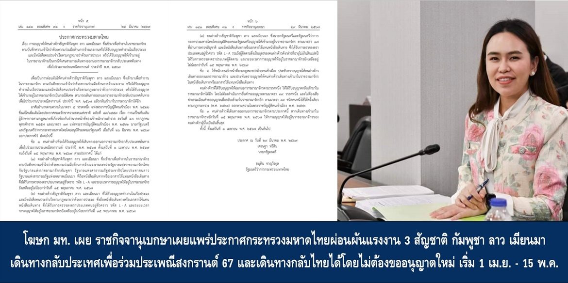 โฆษก มท. เผย ราชกิจจานุเบกษาเผยแพร่ประกาศกระทรวงมหาดไทยผ่อนผันแรงงาน 3 สัญชาติ กัมพูชา ลาว เมียนมา เดินทางกลับประเทศเพื่อร่วมประเพณีสงกรานต์ 67 และเดินทางกลับไทยได้โดยไม่ต้องขออนุญาตใหม่ เริ่ม 1 เม.ย. – 15 พ.ค. 67