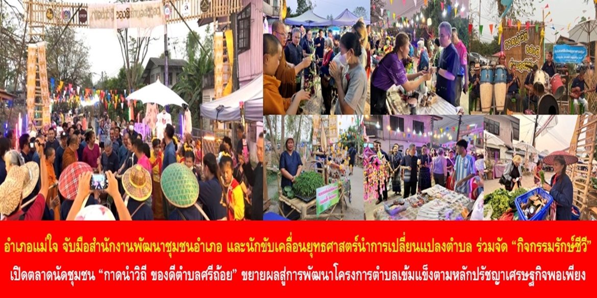 อำเภอแม่ใจ จับมือสำนักงานพัฒนาชุมชนอำเภอ และนักขับเคลื่อนยุทธศาสตร์นำการเปลี่ยนแปลงตำบล ร่วมจัด “กิจกรรมรักษ์ชีวี” เปิดตลาดนัดชุมชน “กาดนำวิถี ของดีตำบลศรีถ้อย” ขยายผลสู่การพัฒนาโครงการตำบลเข้มแข็งตามหลักปรัชญาเศรษฐกิจพอเพียง