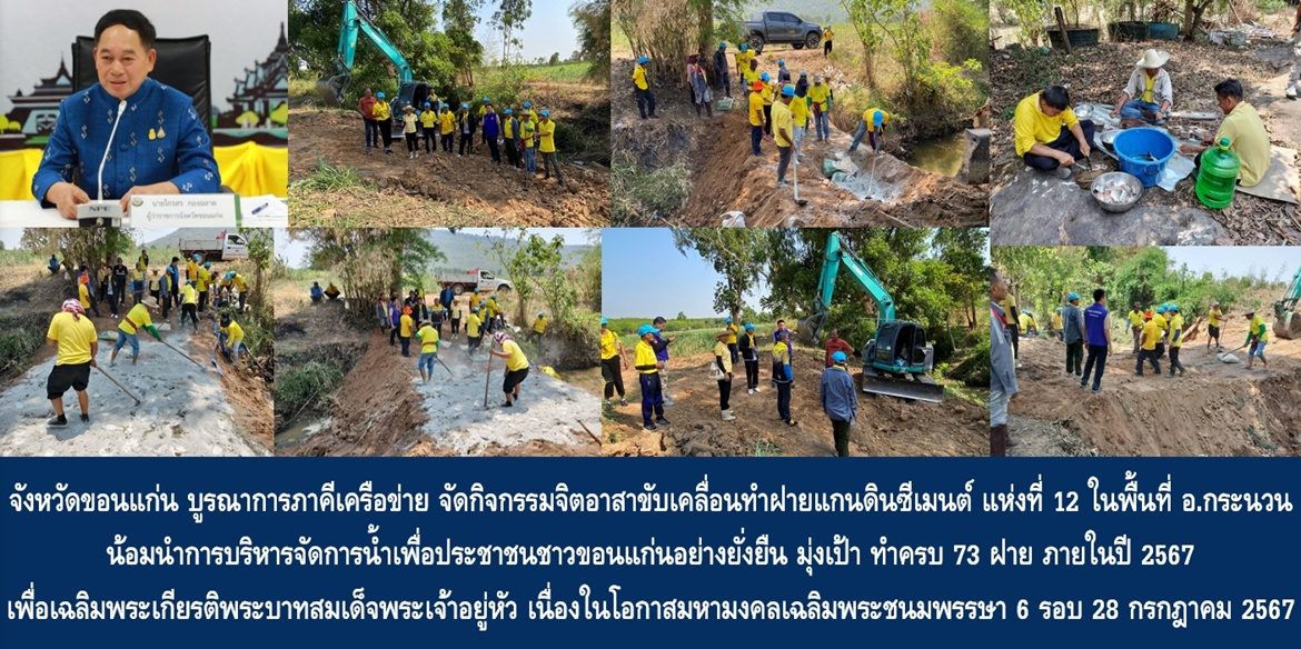 จังหวัดขอนแก่น บูรณาการภาคีเครือข่าย จัดกิจกรรมจิตอาสาขับเคลื่อนทำฝายแกนดินซีเมนต์ แห่งที่ 12 ในพื้นที่อำเภอกระนวน น้อมนำการบริหารจัดการน้ำเพื่อประชาชนชาวขอนแก่นอย่างยั่งยืน มุ่งเป้า ทำครบ 73 ฝาย ภายในปี 2567 เพื่อเฉลิมพระเกียรติพระบาทสมเด็จพระเจ้าอยู่หัว เนื่องในโอกาสมหามงคลเฉลิมพระชนมพรรษา 6 รอบ 28 กรกฎาคม 2567