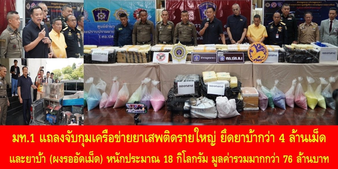 มท.1 แถลงจับกุมเครือข่ายยาเสพติดรายใหญ่ ยึดยาบ้ากว่า 4 ล้านเม็ด และยาบ้า (ผงรออัดเม็ด) หนักประมาณ 18 กิโลกรัม มูลค่ารวมมากกว่า 76 ล้านบาท