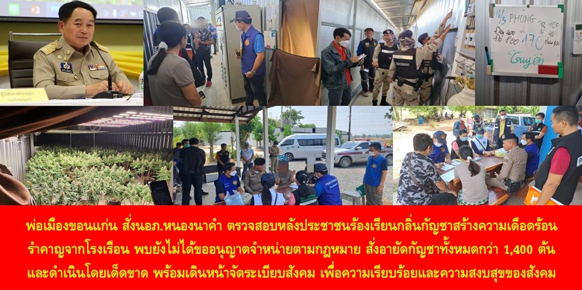 พ่อเมืองขอนแก่น สั่งนายอำเภอหนองนาคำตรวจสอบ หลังประชาชนร้องเรียนกลิ่นกัญชาสร้างความเดือดร้อนรำคาญจากโรงเรือน พบยังไม่ได้ขออนุญาตจำหน่ายตามกฎหมาย สั่งอายัดกัญชาทั้งหมดกว่า 1,400 ต้น และดำเนินโดยเด็ดขาด พร้อมเดินหน้าจัดระเบียบสังคม เพื่อความเรียบร้อยและความสงบสุขของสังคม