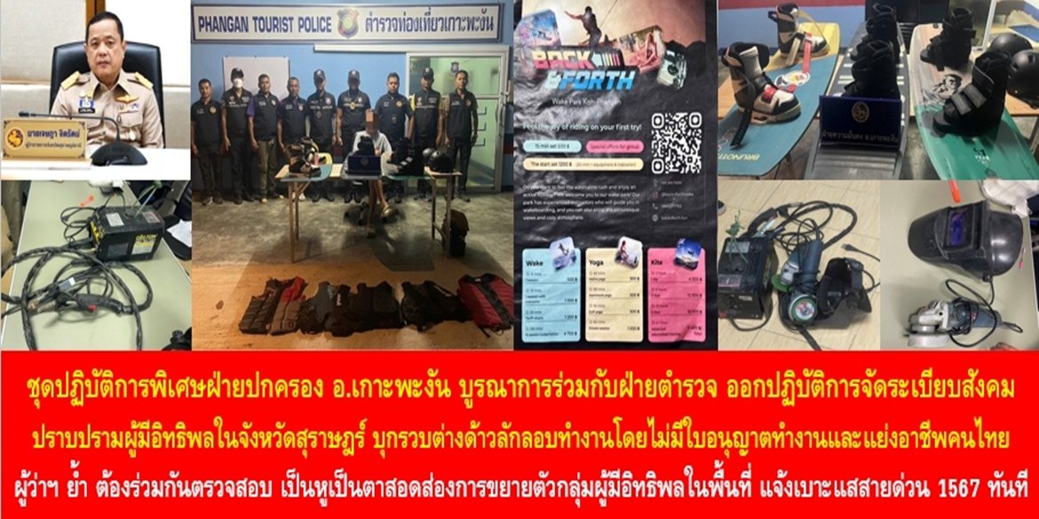 ชุดปฏิบัติการพิเศษฝ่ายปกครองอำเภอเกาะพะงัน บูรณาการร่วมกับฝ่ายตำรวจ ออกปฏิบัติการจัดระเบียบสังคมปราบปรามผู้มีอิทธิพลในจังหวัดสุราษฎร์ บุกรวบ ต่างด้าวลักลอบทำงานโดยไม่มีใบอนุญาตทำงานและแย่งอาชีพคนไทย ผู้ว่าฯ ย้ำ ต้องร่วมกันตรวจสอบ เป็นหูเป็นตาสอดส่องการขยายตัวของกลุ่มผู้มีอิทธิพลในพื้นที่ พร้อมทั้งแจ้งเบาะแสโทรสายด่วน 1567 ทันที ตลอด 24 ชั่วโมง