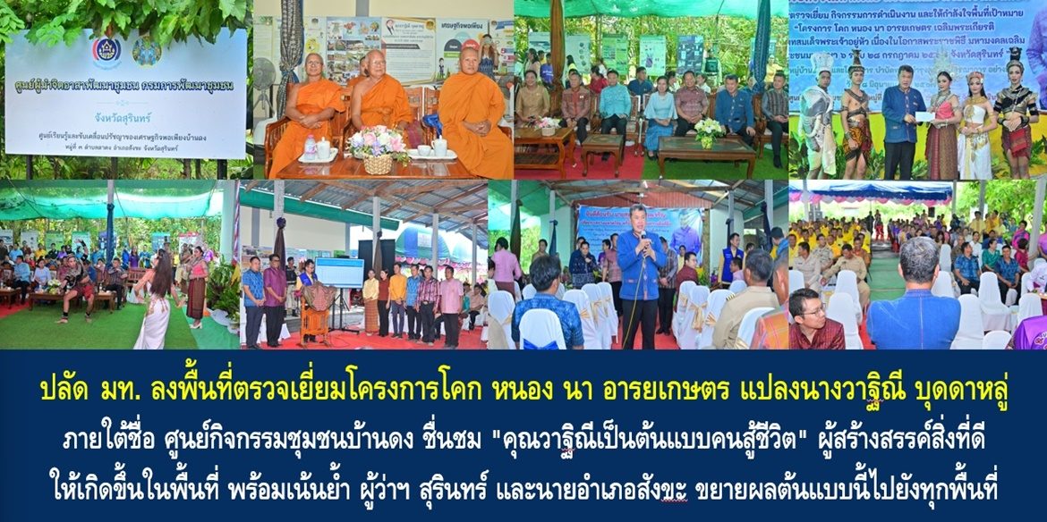 ปลัดมหาดไทย ลงพื้นที่ตรวจเยี่ยมโครงการโคก หนอง นา อารยเกษตร แปลงนางวาฐิณี บุดดาหลู่ ภายใต้ชื่อ ศูนย์กิจกรรมชุมชนบ้านดง ชื่นชม “คุณวาฐิณีเป็นต้นแบบคนสู้ชีวิต” ผู้สร้างสรรค์สิ่งที่ดีให้เกิดขึ้นในพื้นที่ พร้อมเน้นย้ำ ผู้ว่าฯ สุรินทร์ และนายอำเภอสังขะ ขยายผลต้นแบบนี้ไปยังทุกพื้นที่ และทำให้ทุกหมู่บ้านเป็นหมู่บ้านยั่งยืน เพื่อประชาชนมีคุณภาพชีวิตที่ดีอย่างยั่งยืน