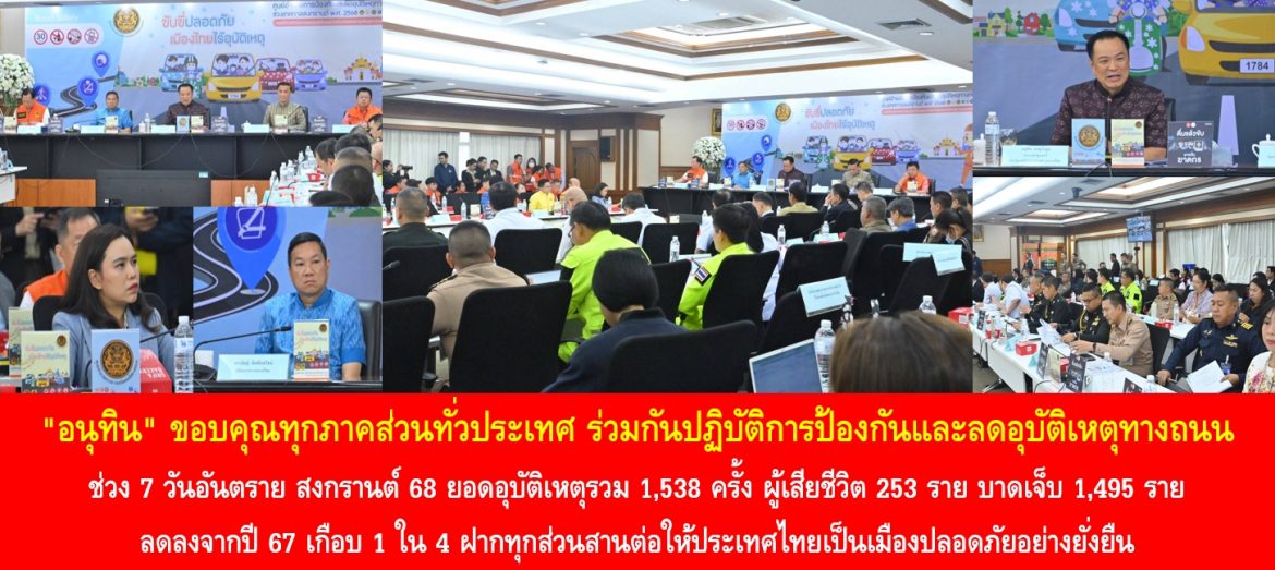 “อนุทิน” ขอบคุณทุกภาคส่วนทั่วประเทศ ร่วมกันปฏิบัติการป้องกันและลดอุบัติเหตุทางถนนช่วง 7 วันอันตราย สงกรานต์ 68 ยอดอุบัติเหตุรวม 1,538 ครั้ง ผู้เสียชีวิต 253 ราย บาดเจ็บ 1,495 ราย ลดลงจากปี 67 เกือบ 1 ใน 4 ฝากทุกส่วนสานต่อให้ประเทศไทยเป็นเมืองปลอดภัยอย่างยั่งยืน