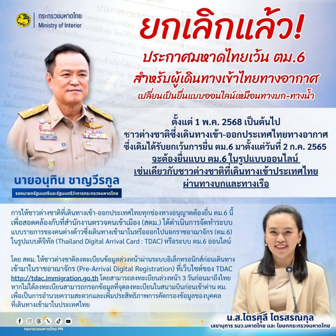 ยกเลิกแล้ว! ประกาศมหาดไทยเว้น ตม.6 สำหรับผู้เดินทางเข้าไทยทางอากาศ โฆษก มท. ย้ำ 1 พ.ค. 68 เป็นต้นไป ต่างชาติเดินทางเข้าไทยทุกช่องทางต้องใช้ ตม.6 ออนไลน์