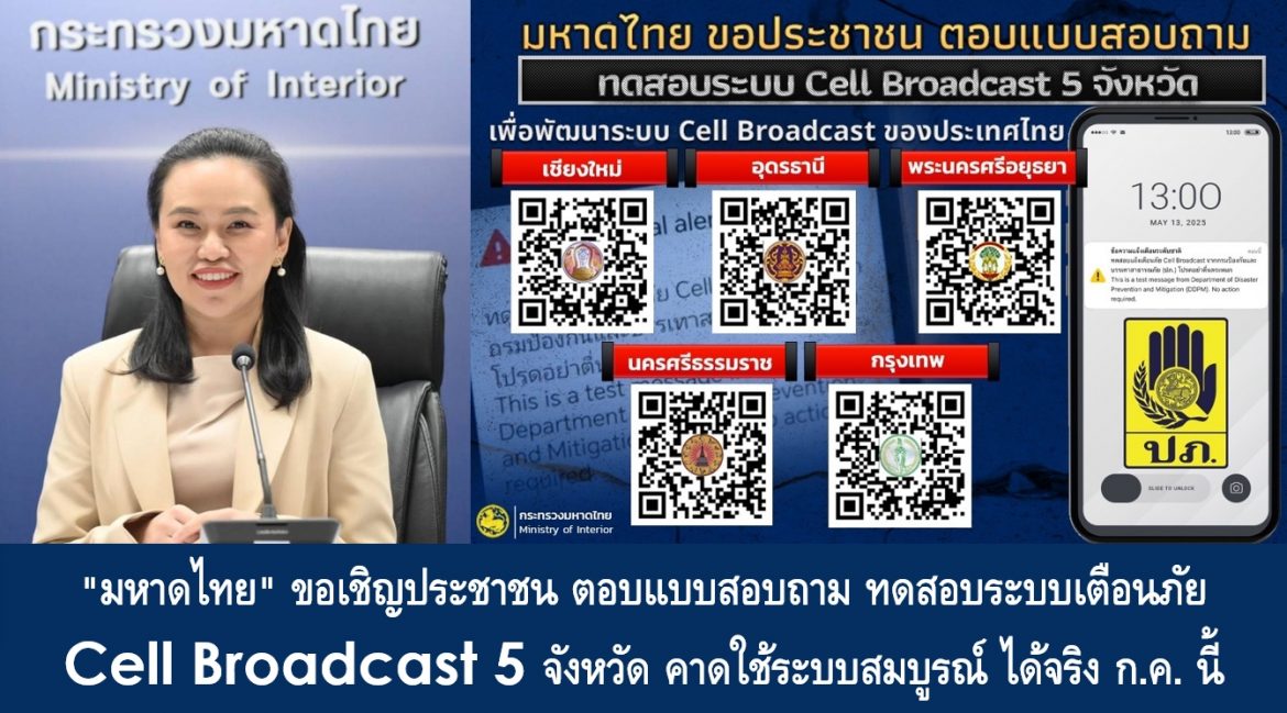 “มหาดไทย” ขอเชิญประชาชน ตอบแบบสอบถาม ทดสอบระบบเตือนภัย Cell Broadcast 5 จังหวัด​ คาดใช้ระบบสมบูรณ์ ได้จริง​ ก.ค. นี้
