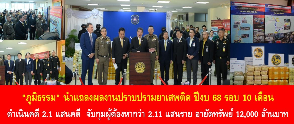 “ภูมิธรรม” นำแถลงผลงานปราบปรามยาเสพติด ปีงบ 68 รอบ 10 เดือน ดำเนินคดี 2.1 แสนคดี  จับกุมผู้ต้องหากว่า 2.11 แสนราย อายัดทรัพย์ 12,000 ล้านบาท พร้อมเน้นย้ำ รัฐบาลจริงจังกับการปราบปรามยาเสพติดอย่างเข้มข้นต่อเนื่อง กำหนดตัวชี้วัดสำคัญ “ประชาชนต้องสัมผัสได้ว่ารัฐปราบปรามอย่างเต็มที่”