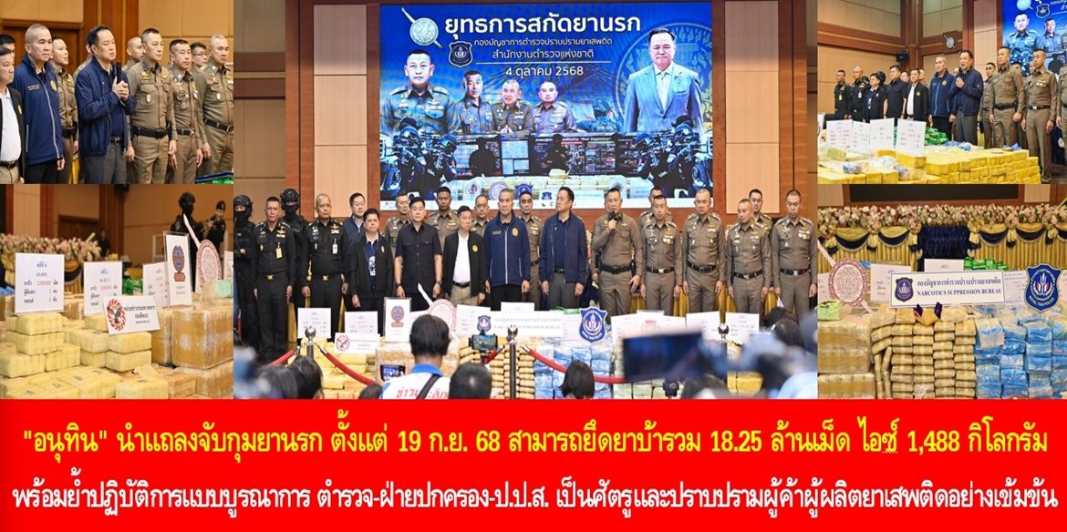 “อนุทิน” นำแถลงจับกุมยานรกตั้งแต่ 19 ก.ย. 68 สามารถยึดยาบ้ารวม 18.25 ล้านเม็ด ไอซ์ 1,488 กิโลกรัม พร้อมย้ำปฏิบัติการแบบบูรณาการ ตำรวจ-ฝ่ายปกครอง-ป.ป.ส. เป็นศัตรูและปราบปรามผู้ค้าผู้ผลิตยาเสพติดอย่างเข้มข้น
