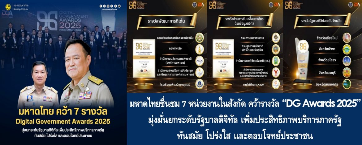 มหาดไทยชื่นชม 7 หน่วยงานในสังกัด คว้ารางวัล “DG Awards 2025” มุ่งมั่นยกระดับรัฐบาลดิจิทัล เพิ่มประสิทธิภาพบริการภาครัฐ ทันสมัย โปร่งใส และตอบโจทย์ประชาชน