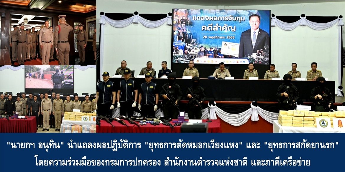 “นายกฯ อนุทิน” นำแถลงผลปฏิบัติการ “ยุทธการตัดหมอกเวียงแหง” และ “ยุทธการสกัดยานรก” โดยความร่วมมือของกรมการปกครอง สำนักงานตำรวจแห่งชาติ และภาคีเครือข่าย ย้ำ “ไม่ปกป้องคนผิด ไม่ว่าจะอยู่ตำแหน่งหรือสถานะใดก็ตาม” พร้อมเดินหน้า “ล้างบางสิ่งผิดกฎหมายทุกรูปแบบให้สิ้นซาก”