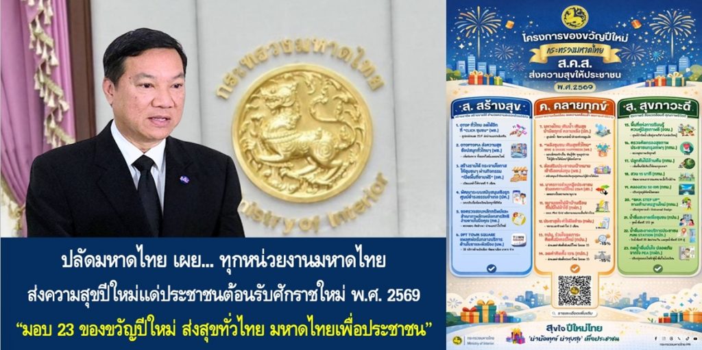 ปลัดกระทรวงมหาดไทยเผย ทุกหน่วยงานมหาดไทย ส่งความสุขปีใหม่แด่ประชาชนต้อนรับศักราชใหม่ พ.ศ. 2569 “มอบ 23 ของขวัญปีใหม่ ส่งสุขทั่วไทย มหาดไทยเพื่อประชาชน”