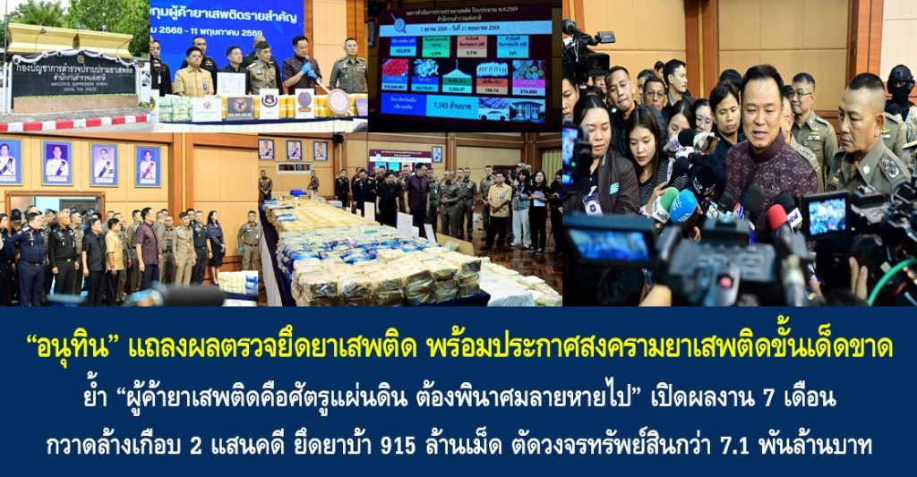 “อนุทิน” แถลงผลตรวจยึดยาเสพติด พร้อมประกาศสงครามยาเสพติดขั้นเด็ดขาด ย้ำ “ผู้ค้ายาเสพติดคือศัตรูแผ่นดิน ต้องพินาศมลายหายไป” เปิดผลงาน 7 เดือน กวาดล้างเกือบ 2 แสนคดี ยึดยาบ้า 915 ล้านเม็ด ตัดวงจรทรัพย์สินกว่า 7.1 พันล้านบาท