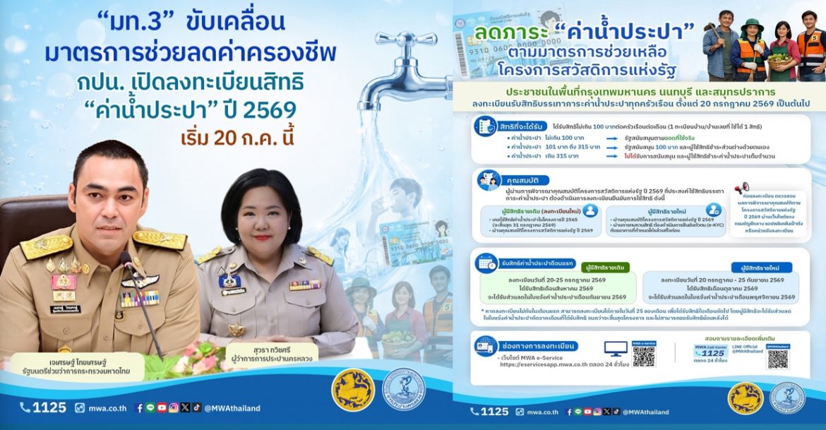 “มท.3” ขับเคลื่อนมาตรการช่วยลดค่าครองชีพ กปน. เปิดลงทะเบียนสิทธิค่าน้ำประปา ปี 2569 เริ่ม 20 ก.ค. นี้