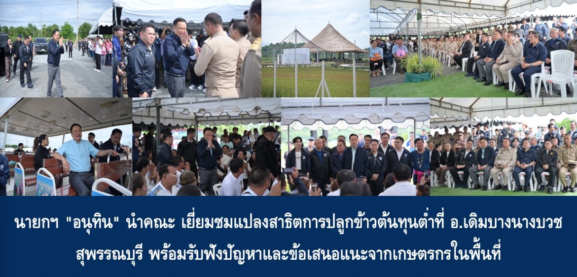 นายกฯ “อนุทิน” นำคณะ เยี่ยมชมแปลงสาธิตการปลูกข้าวต้นทุนต่ำที่ อ.เดิมบางนางบวช สุพรรณบุรี พร้อมรับฟังปัญหาและข้อเสนอแนะจากเกษตรกรในพื้นที่