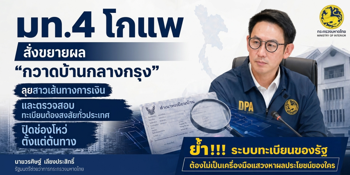 “มท.4” สั่งขยายผล “กวาดบ้านกลางกรุง” ลุยสาวเส้นทางเงิน–ตรวจทะเบียนต้องสงสัยทั่วประเทศ ปิดช่องโหว่ตั้งแต่ต้นทาง ย้ำ “กวาดบ้านต้องไม่จบแค่จุดเกิดเหตุ”