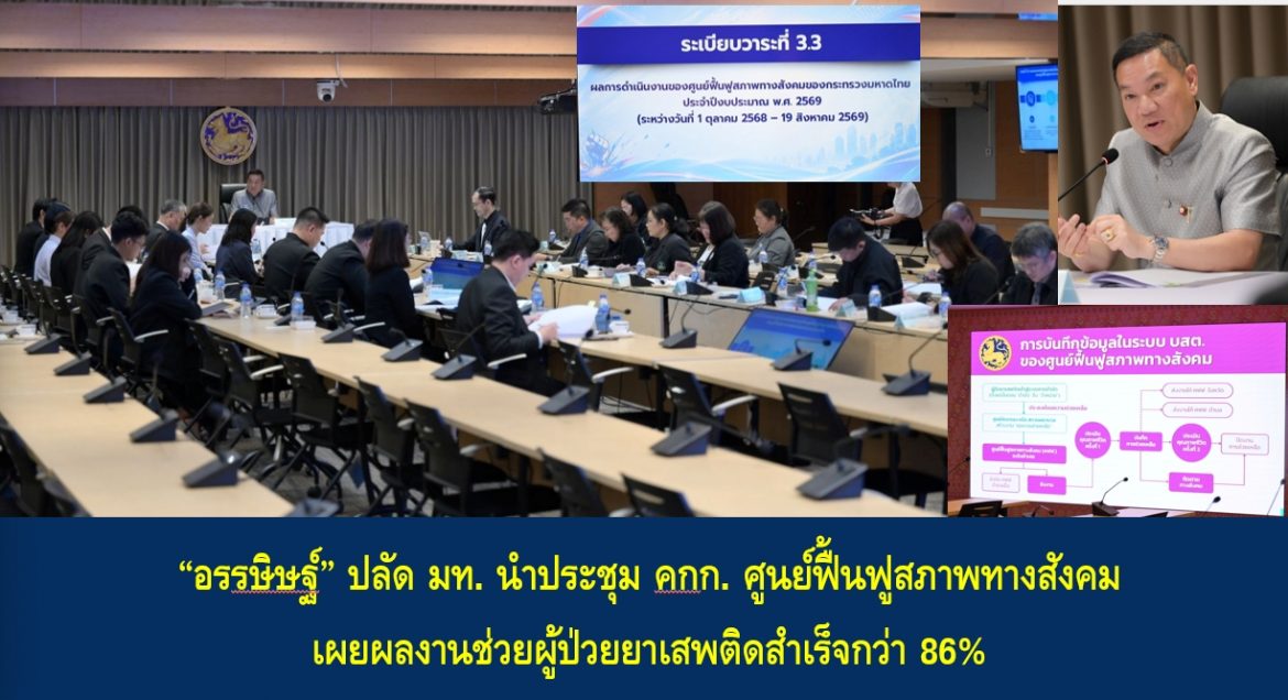 “อรรษิษฐ์” ปลัด มท. นำประชุม คกก. ศูนย์ฟื้นฟูสภาพทางสังคม เผยผลงานช่วยผู้ป่วยยาเสพติดสำเร็จกว่า 86% เดินหน้าโครงการ “1 อำเภอ 1 ศูนย์บำบัด” ตั้งเป้าช่วยเหลือ 35,800 ราย ย้ำ “แก้ปัญหายาเสพติดต้องตรงจุดและยั่งยืน”