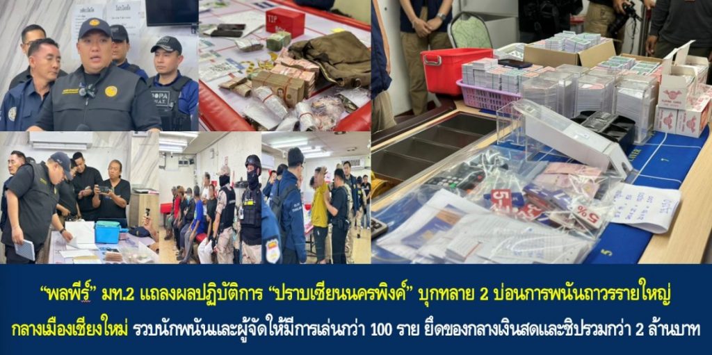 “พลพีร์” มท.2 แถลงผลปฏิบัติการ “ปราบเซียนนครพิงค์” บุกทลาย 2 บ่อนการพนันถาวรรายใหญ่กลางเมืองเชียงใหม่ รวบนักพนันและผู้จัดให้มีการเล่นกว่า 100 ราย ยึดของกลางเงินสดและชิปรวมกว่า 2 ล้านบาท