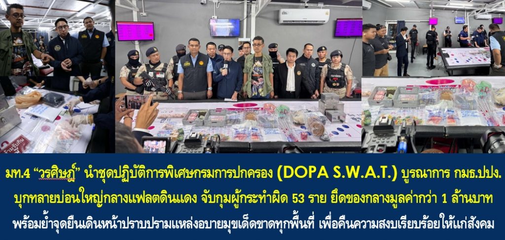 มท.4 “วรศิษฎ์” นำชุดปฏิบัติการพิเศษกรมการปกครอง (DOPA S.W.A.T.) บูรณาการ กมธ.ปปง. บุกทลายบ่อนใหญ่กลางแฟลตดินแดง จับกุมผู้กระทำผิด 53 ราย ยึดของกลางมูลค่ากว่า 1 ล้านบาท พร้อมย้ำจุดยืนเดินหน้าปราบปรามแหล่งอบายมุขเด็ดขาดทุกพื้นที่ เพื่อคืนความสงบเรียบร้อยให้แก่สังคม