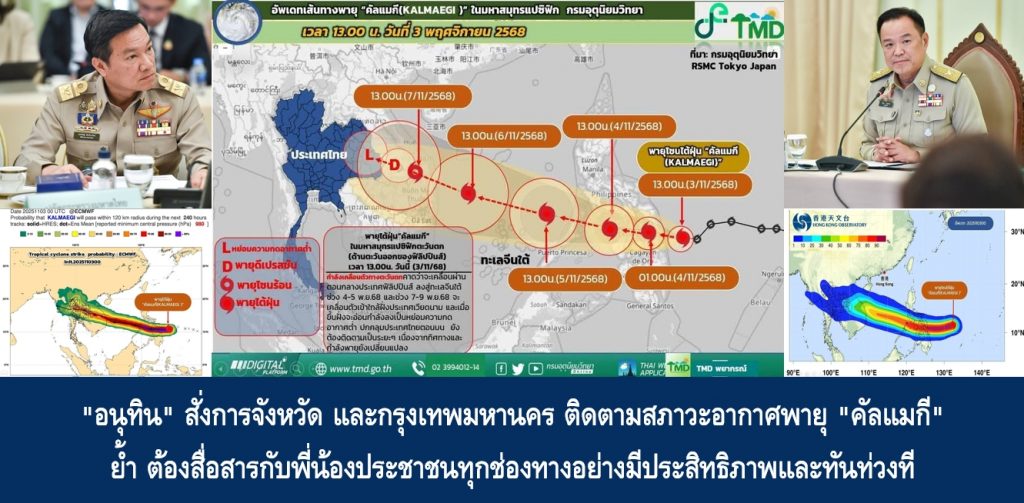 “อนุทิน” สั่งการจังหวัด และกรุงเทพมหานคร ติดตามสภาวะอากาศพายุ “คัลแมกี” ย้ำต้องสื่อสารกับพี่น้องประชาชนทุกช่องทางอย่างมีประสิทธิภาพและทันท่วงที พร้อมสแตนบายสายด่วน 1784  ระบบแจ้งเหตุและช่วยเหลือตลอด 24 ชั่วโมง